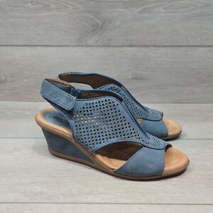 Earth Women Daur Blue Leathet Wedge Open Toe Sandals Shoes Sz 9B